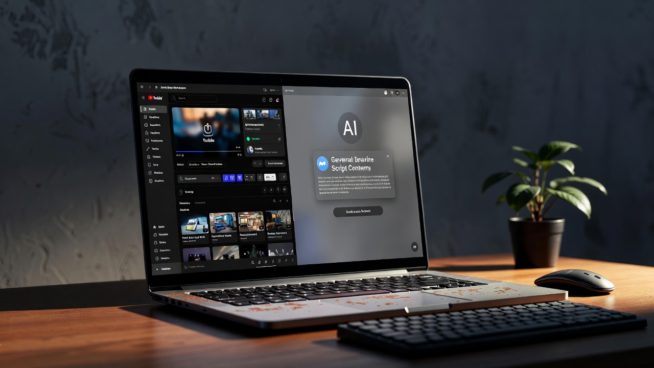 Hình ảnh không gian làm việc hiện đại với màn hình laptop hiển thị ChatGPT và giao diện YouTube